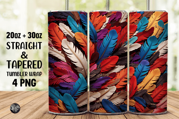 Elevating Custom Drinkware with 3D Colorful Feathers Tumbler Wrap PNG Designs